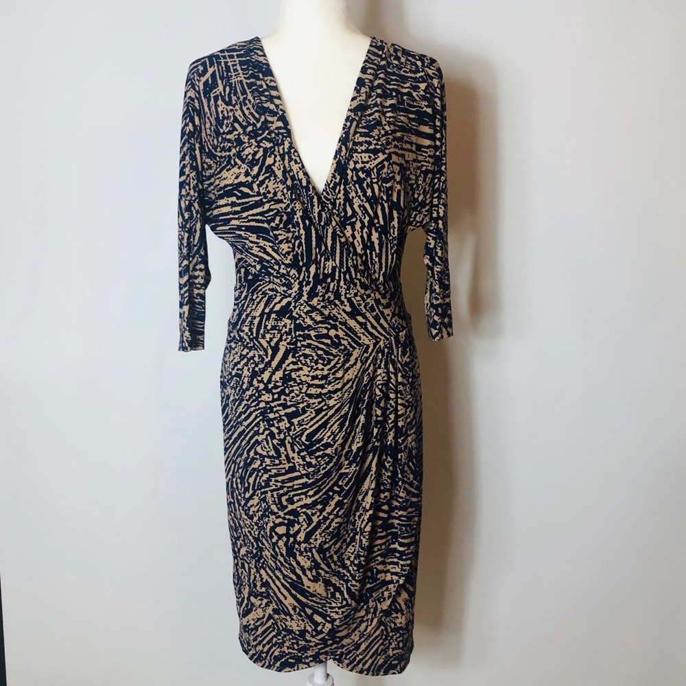 Max & Cleo Navy/Tan Print Faux Wrap Dress: Small